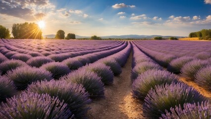Lavender Field at Sunset with Sun Rays and Clouds