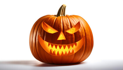 A carved pumpkin with a menacing grin, glowing from within, isolated on a white background