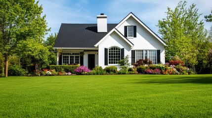 A charming white cottage with black shutters sits on a green lawn, framed by vibrant spring trees and flowers in the background.