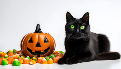 A black cat with bright green eyes sitting next to a stack of Halloween candy 