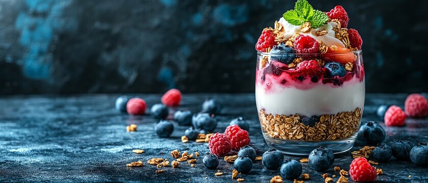 A layered parfait of yogurt, granola, and fresh berries in a glass, arranged artistically on a dark, textured background with scattered fruits
