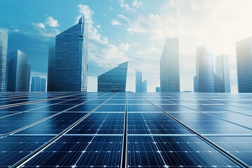 Fototapeta premium Solar panels in futuristic city, sustainable energy concept, sky