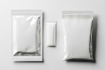 Three blank white stand-up pouches on a white background.