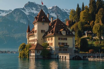 Fototapeta premium Oberhofen Castle at Lake Thunersee in swiss Alps, Switzerland. 