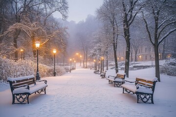 Naklejka premium Snow-Covered Benches and Streetlamps in a Wintery Park