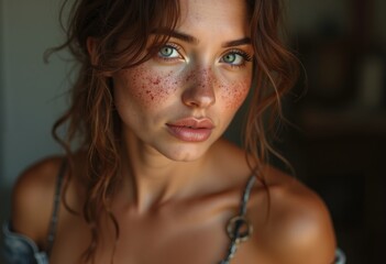 Woman poses with serene expression, highlighting her freckles and glowing skin beneath warm, soft light