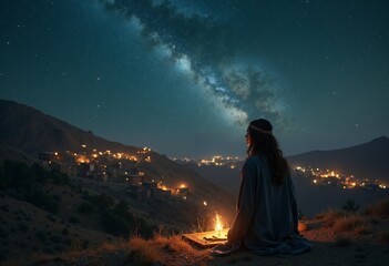 Hippie girl sits by fire under starry sky, night view of well-lit village in mountains