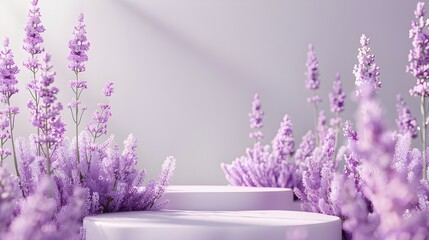 Lilac abstract field studio beauty flower cosmetic podium with spring lavender floral display and crystal backdrop plant.