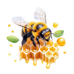 A vibrant bee perched on honeycomb with honey droplets and green leaves, representing nature's beauty and honey production.