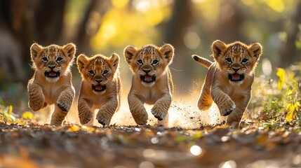 Four lion cubs joyfully running towards the camera in a sunlit field, playful and energetic