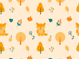cute autumn pattern with a funny fox and fallen leaves