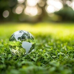 Eco-Friendly Globe: Abstract Concept for World Environment Day and Earth Day. Glass Sphere Reflecting Sustainable Development, Green Living, and Global Climate Protection. Elegant Minimalist Design fo