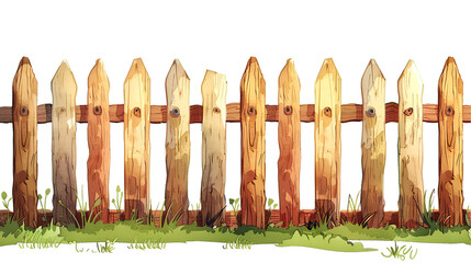 cartoon style brown wooden picket fence with green grass on transparent background.