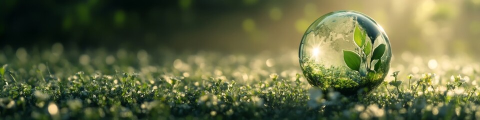 Eco-Friendly Globe: Abstract Concept for World Environment Day and Earth Day. Glass Sphere Reflecting Sustainable Development, Green Living, and Global Climate Protection. Elegant Minimalist Design fo