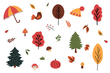 Autumn set of cozy illustrations, fallen leaves, yellowing trees, umbrella, warm hat, harvest of mushrooms and pumpkins. Vector hand drawn illustration isolated on white background.