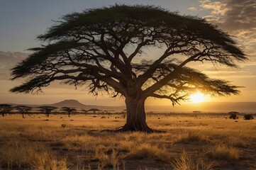 Obraz premium Savanna Sunrise and Acacia Tree in Tanzania Africa