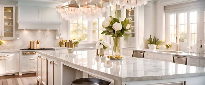 A bright, modern white kitchen in an estate home, with sleek marble countertops, shiny stainless steel appliances, and large windows letting in golden sunlight