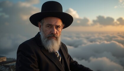 Bearded jewish man in traditional attire stands above clouds at sunset, serene beauty of moment