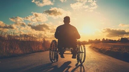 Obraz premium Man in wheelchair enjoying sunset on a quiet road