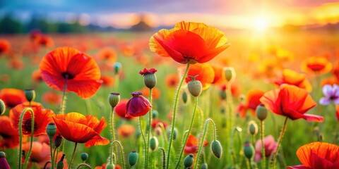 Obraz premium Vibrant poppy flowers in a beautiful field on an isolated background, poppy, field, flowers, red, vibrant, beauty, nature