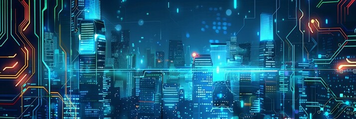 Naklejka premium Futuristic Smart Cyber City illustration: Innovative Urban Landscape, futuristic technology and cyber punk concept, Graphic Resources, Wallpapers, Brochure, Websites, banner, Advertising, background