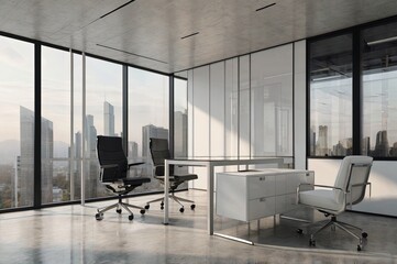 White office interior with board and armchairs, drawer with folders.