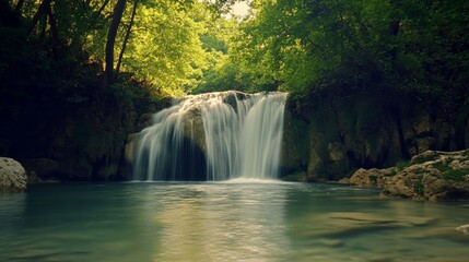 Obraz premium Tranquil Waterfall in a Lush Forest