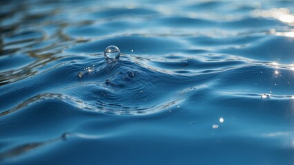 Water Droplet Splashing and Creating Ripples on a Blue Surface