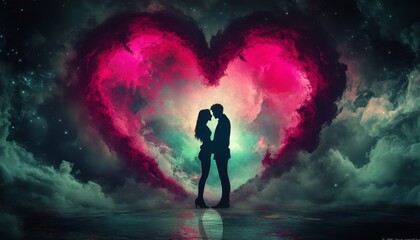 Obraz premium Surreal Lovers' Embrace: Abstract Illustration for Valentine's Day and Chinese Romantic Festivals. Minimalist Composition with Elegant Gradient Textures. Conceptual Art for UI, Web Posters, and High-R