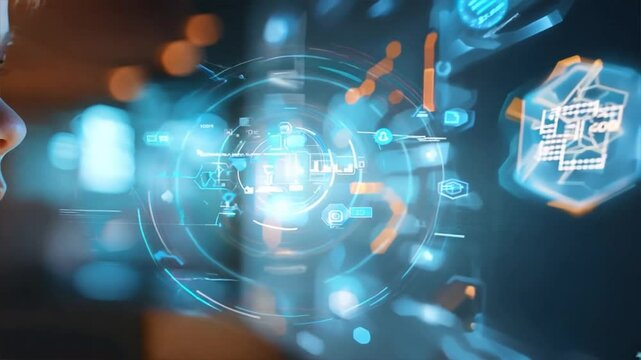 Young boy engrossed in programming, coding on futuristic interface screen in dark room, showcasing tech learning and digital skills.