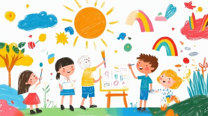 Fototapeta premium Cute children drawing on the wall using paintbrushes and colored pencils. Vector illustration.