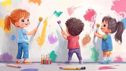 Cute children drawing on the wall using paintbrushes and colored pencils.  Vector illustration.
