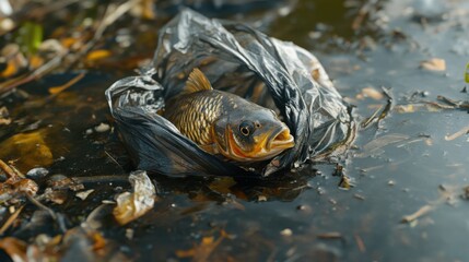 Fototapeta premium Close-up of a fish trapped in a plastic bag highlighting environmental pollution and the threat to aquatic life in natural habitats