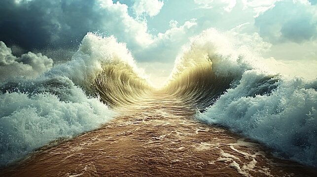 Sunlight is shining through a path in the ocean created by two large waves parting