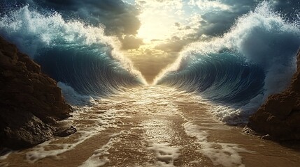 Path opens in the ocean while two large waves are crashing, golden light shining through in the middle