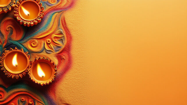 Glowing diwali diyas with patterns laid out on colorful sand. Happy Diwali. Hindu festival of lights celebration. Colorful traditional oil lamp diya on orange background with copy space, space for tex