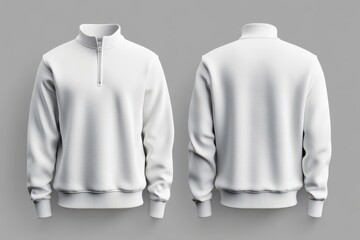 White mock-up sweatshirt with zipper and long sleeves on a gray background.