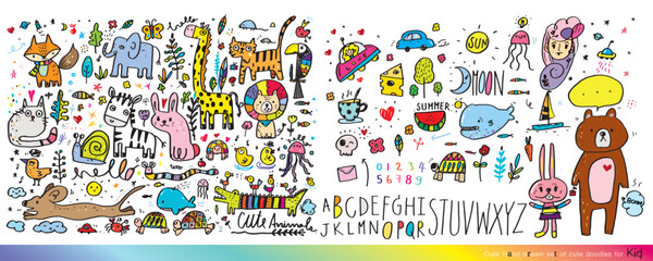 Collection of hand drawn cute doodles,Doodle children drawing,Sketch set of drawings in child style,Funny Doodle Hand Drawn,Page for coloring, cute animal hand drawn, cute Doodle