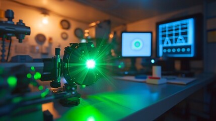 A scene of laser technology used in scientific research, with a laser beam precisely analyzing the composition of a material sample. The laser emits a bright green light, surrounded by sophisticated