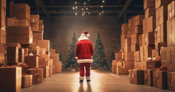 Christmas gift delivery Santa Claus walking in shop warehouse storage full of cardboard present boxes slow motion, concept of logistic e-commerce e-business holiday package goods shipping service
