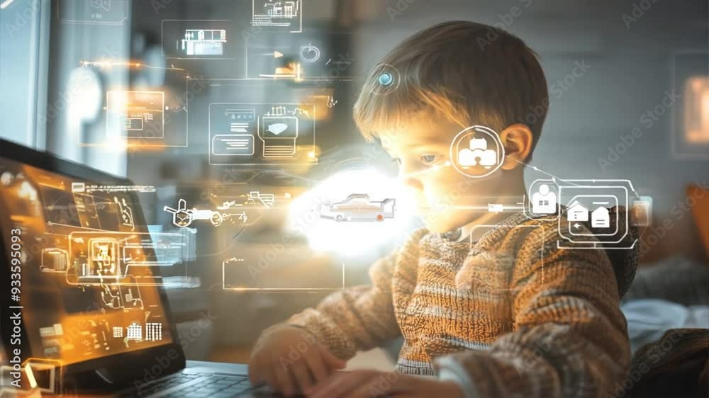 Poster child immersed in a digital environment, using a laptop with virtual elements, highlighting technolo