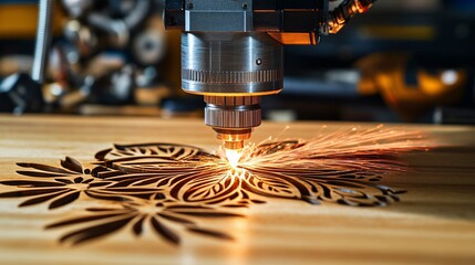 A detailed view of a laser engraving machine creating intricate designs on a wooden surface. The laser beam is fine and precise, with glowing particles surrounding the area being engraved. The