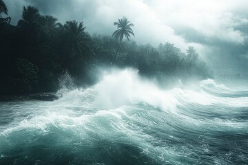 Fototapeta premium Stormy Ocean Waves Crashing Against a Tropical Shoreline