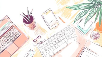 Stylish workspace with laptop, smartphone, and greenery. Perfect for illustrating productivity and modern work environment.