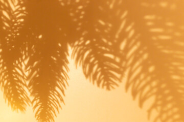 Shadows from defocused fir tree branches on a golden glittering wall. Blurred festive background.