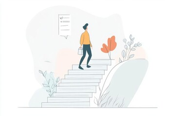 Obraz premium A person walking up stairs in a serene environment, carrying a bag, surrounded by plants and soft colors.