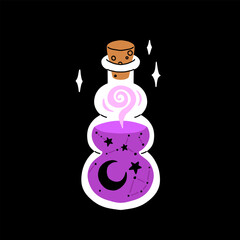 Flat cartoon bottles with magic potion. Alchemical drink in magic jars, flasks, elixir. Halloween witch drinks, star, love, ghost, pumpkin, zombie potions, poison and vampire blood.