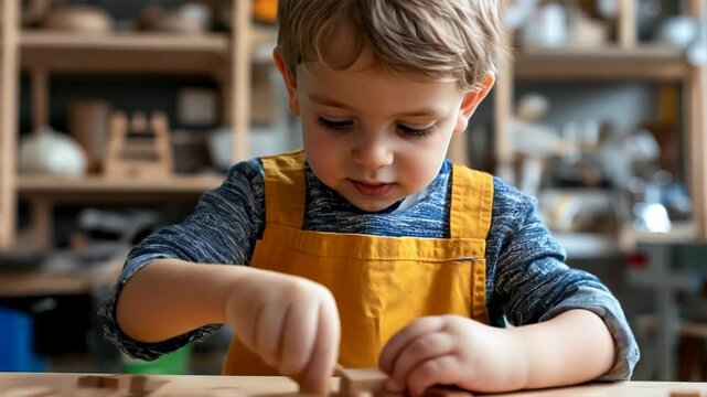 A young boy enjoying playing with wooden toys in a workshop, fostering creativity and imagination.