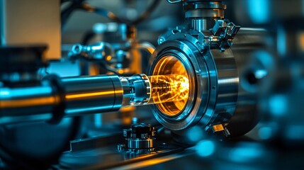 Fototapeta premium A futuristic concept of laser technology used in energy generation, with a laser beam focused on a small, advanced fusion reactor. The scene is set in a high-tech laboratory with sophisticated