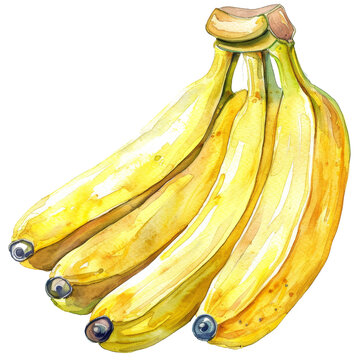 recommend clip art: Vibrant Watercolor Banana Clipart - Fresh Fruit Element in Bright Yellow, Isolated on White Background